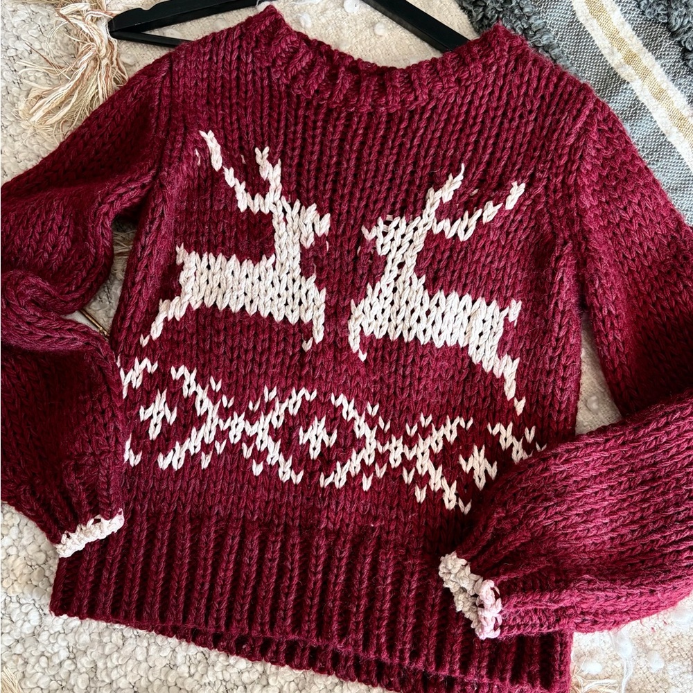 Free People Prancer Dancer Red Crocheted Festive Holiday Sweater